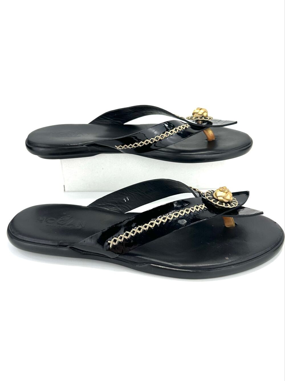 Hogan Flat Thong-Toe Sandal Sz 11 Black Patent Leather Thong-Toe Flip Flop Comfy